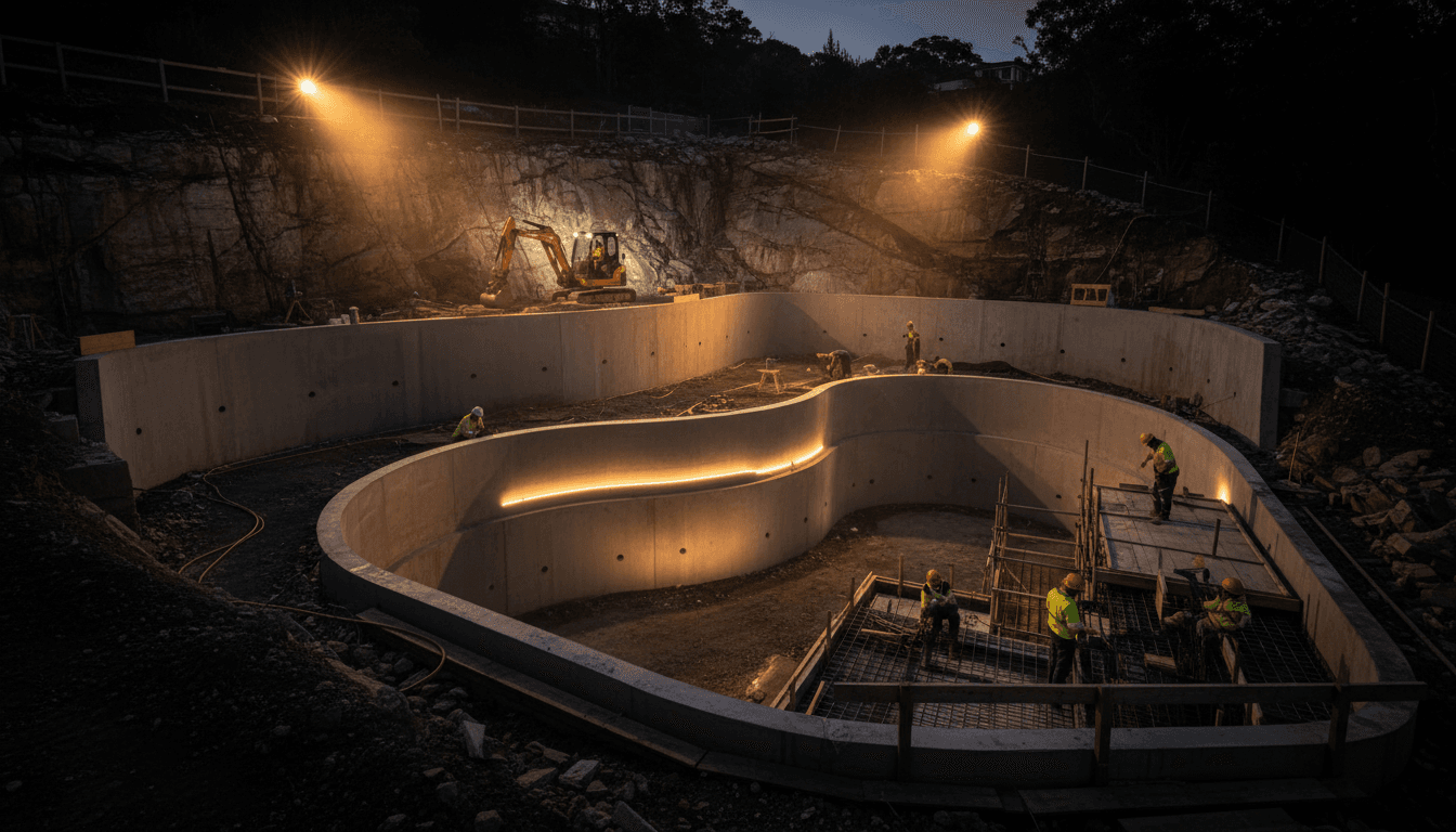 Luxury basement excavation with engineered retaining walls on steep terrain