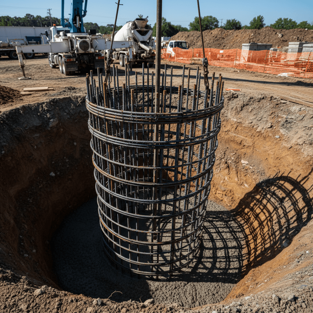 Bored pier installation with steel reinforcement