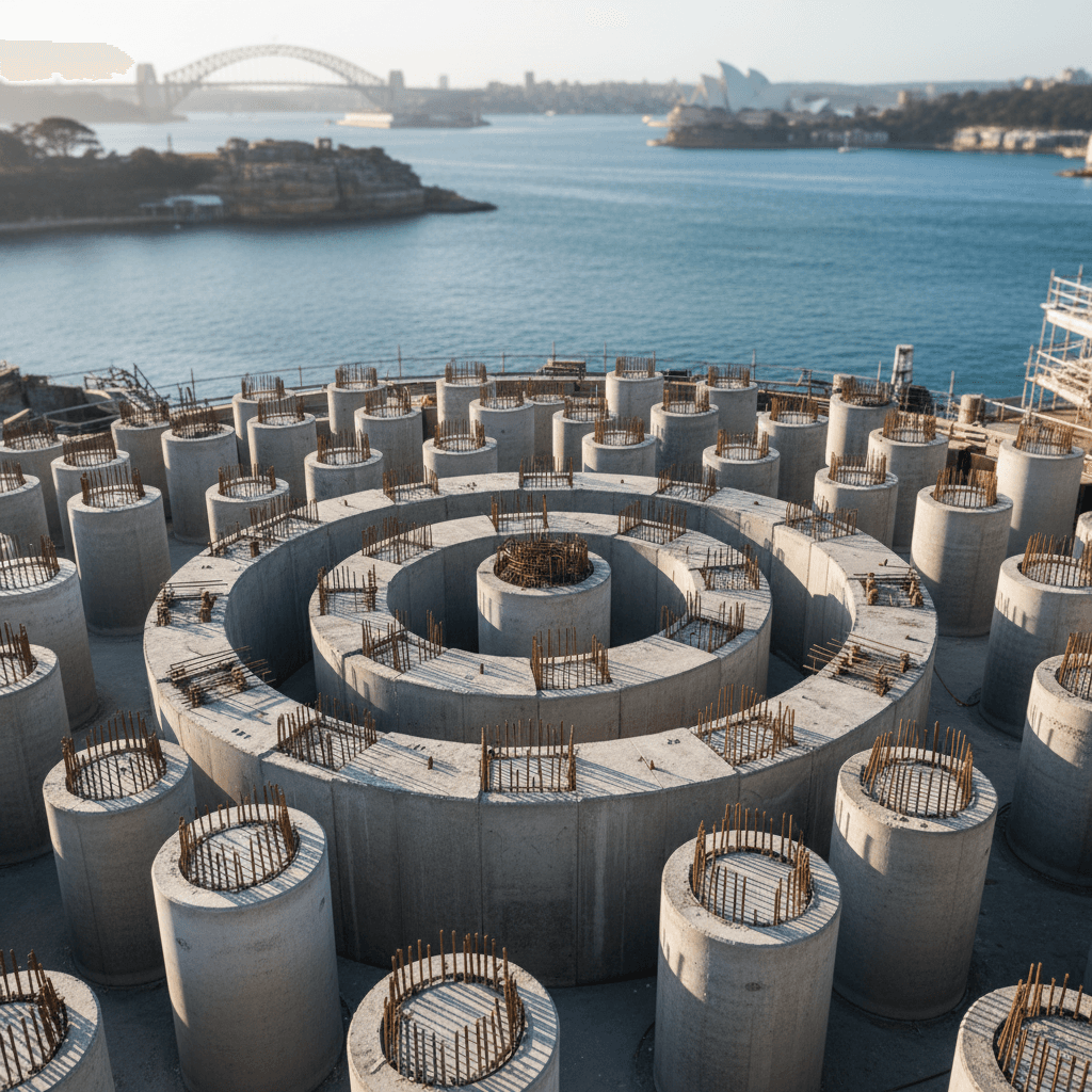 Completed bored pier heads on waterfront project