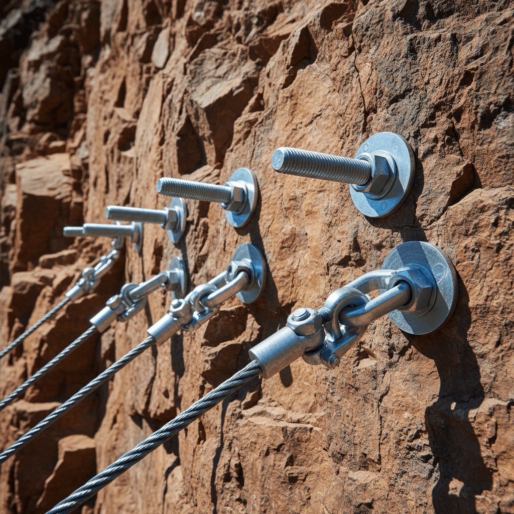 Rock anchor installation on natural cliff face