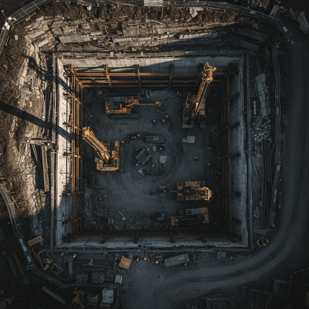 Steep hillside excavation with bored pier setup