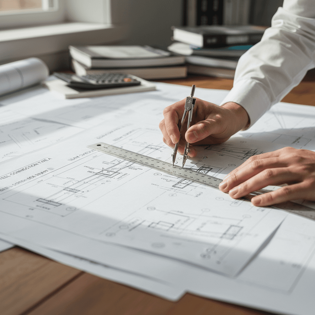 Structural engineering blueprints and technical drawings on concrete surface